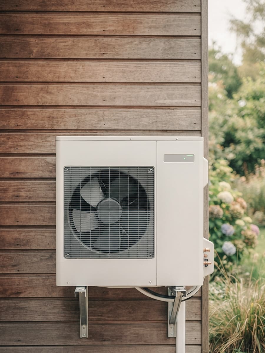 Lucht-water warmtepomp geïnstalleerd door Renders buiten een woning